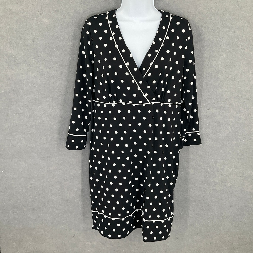 Lands End Dress Black Polka Dot 3/4 Sleeve White Trim Stretchy Career Casual
